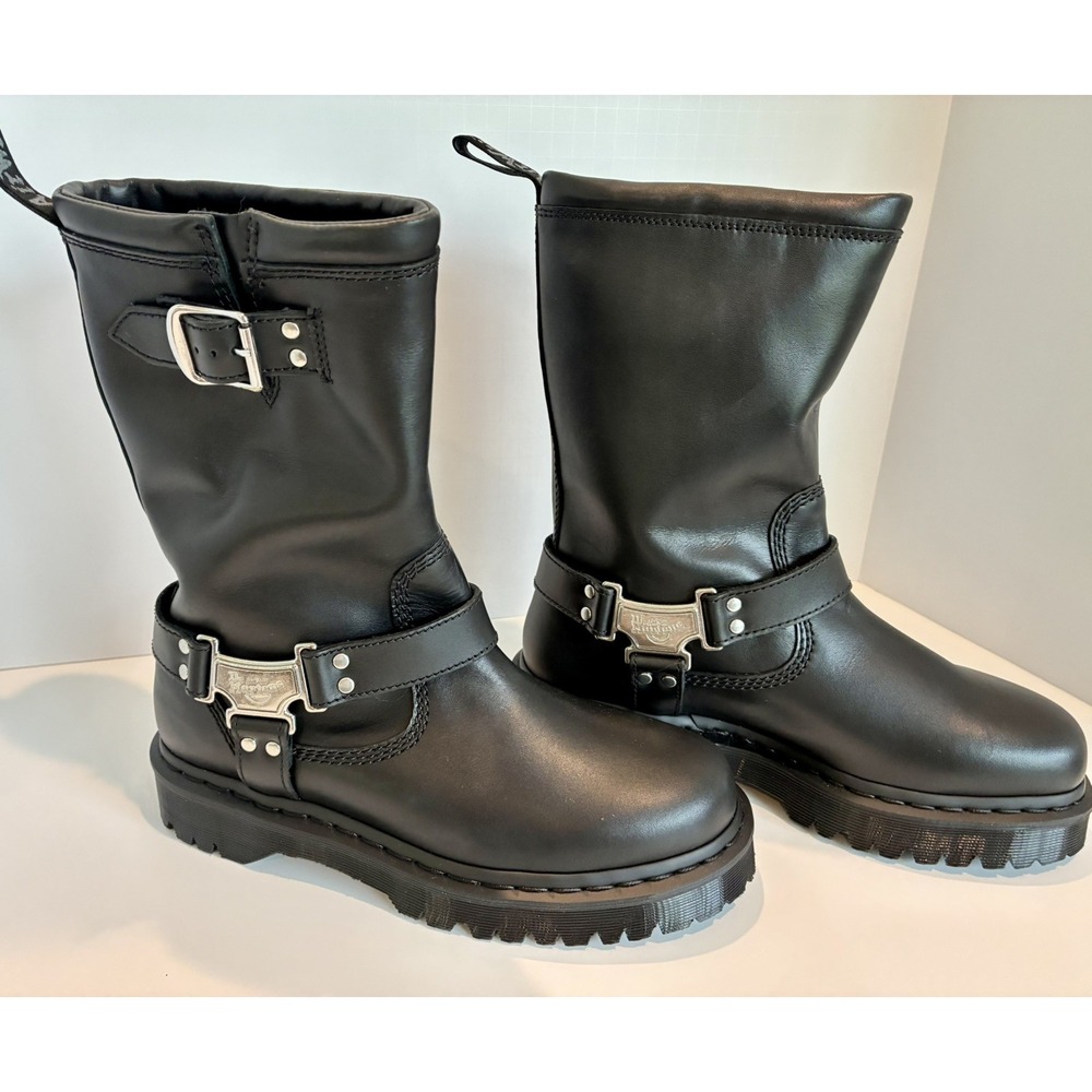 Doc Dr Martens- Aniston- Hi Leather Biker Boots Black Unisex. W 9 / M 8 New